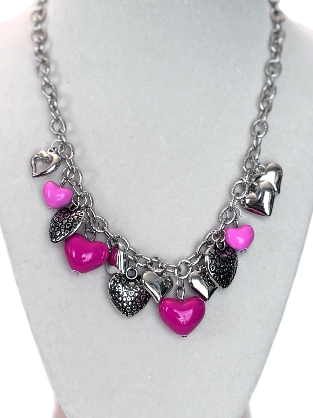 Pink, Mauve and Silver Heart Charms with Silver Chain Link Necklace - Picture 2 of 5